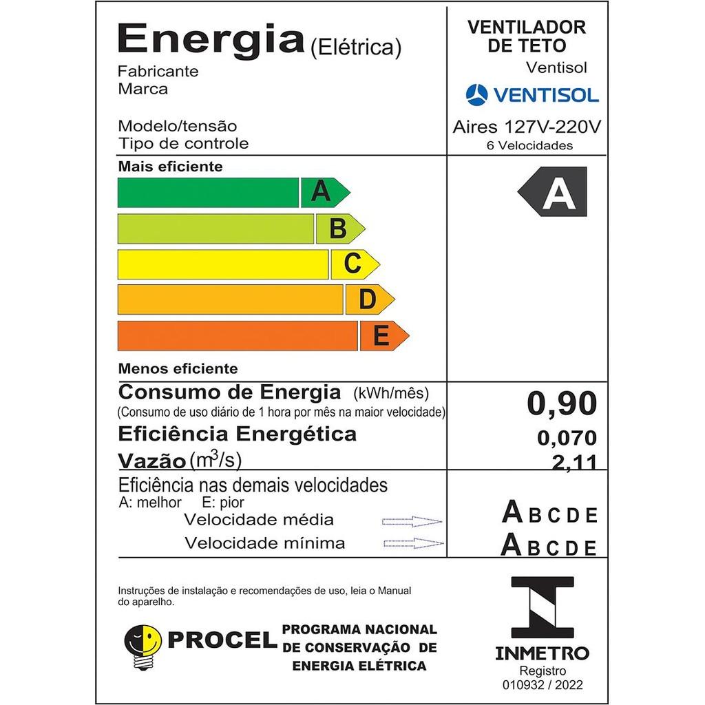 Ventilador De Teto Ventisol Aires 3 Pás 105cm Bivolt Branco