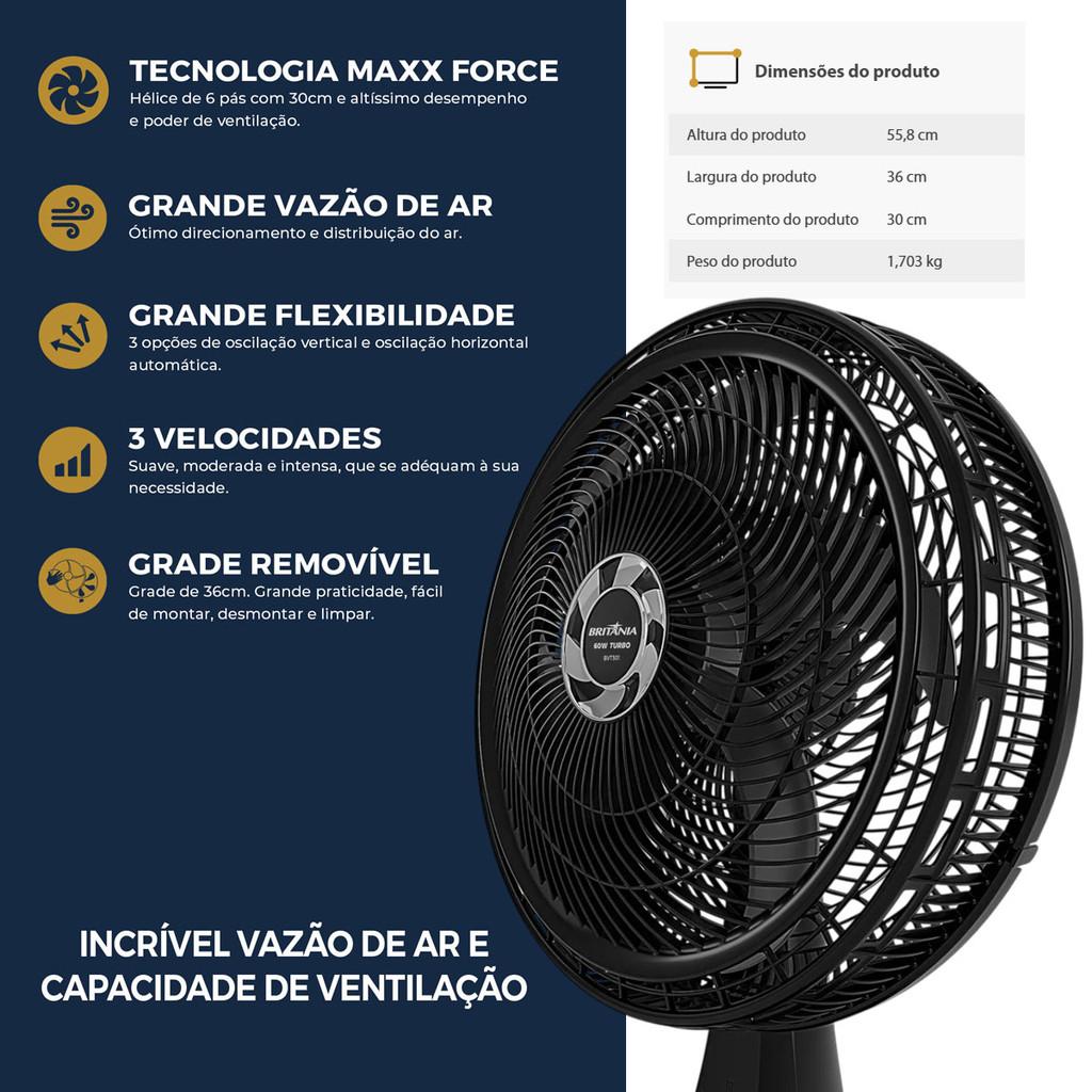 Ventilador Mesa E Parede 6 Pás 3 Velocidades 2x1 Tecnologia Maxx Force 60W Bvt301 Britânia