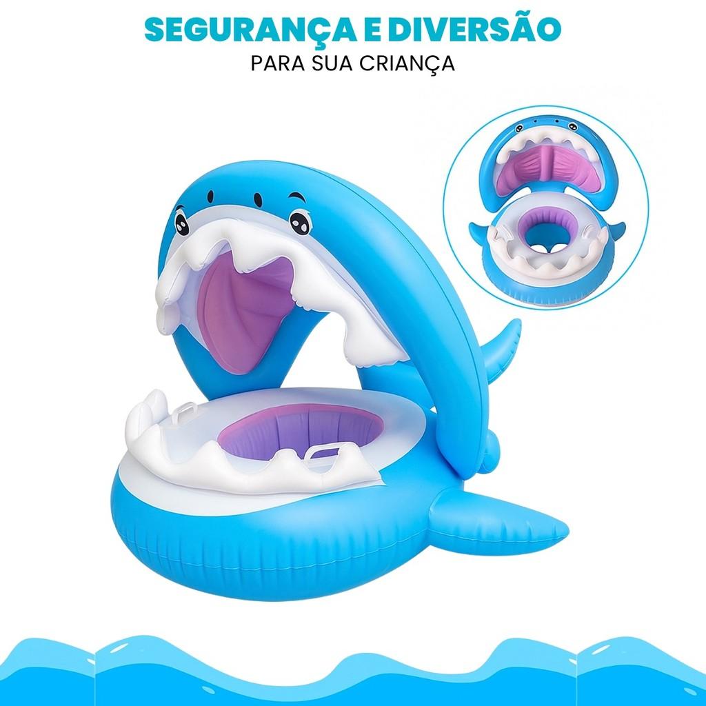 Boia Bebê Inflável Com Assento Fralda E Cobertura Azul Para Piscina Praia Uv Anti-sol Tubarão Tippi