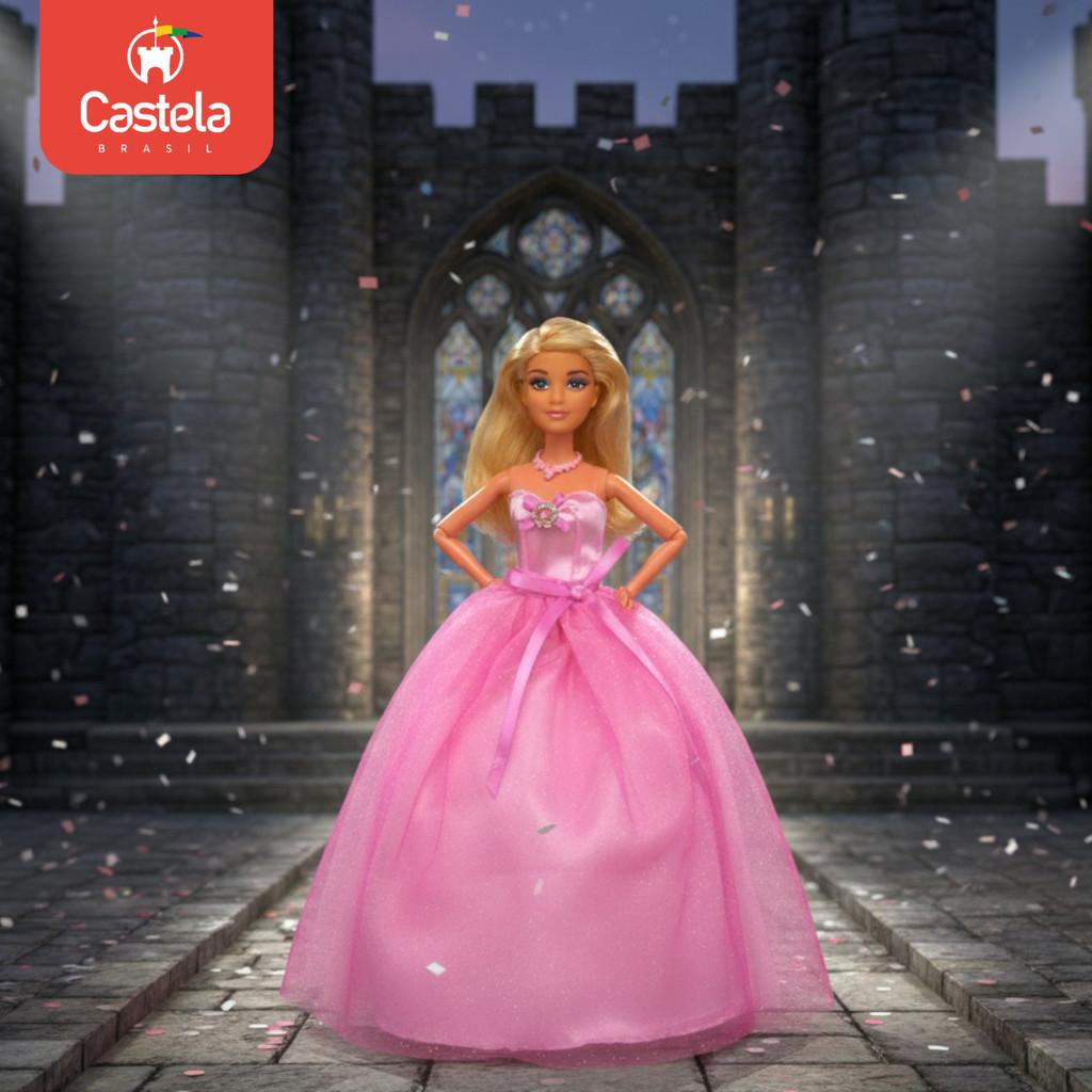 Boneca Princesa Fashion Vestido Rosa Acessórios Castela