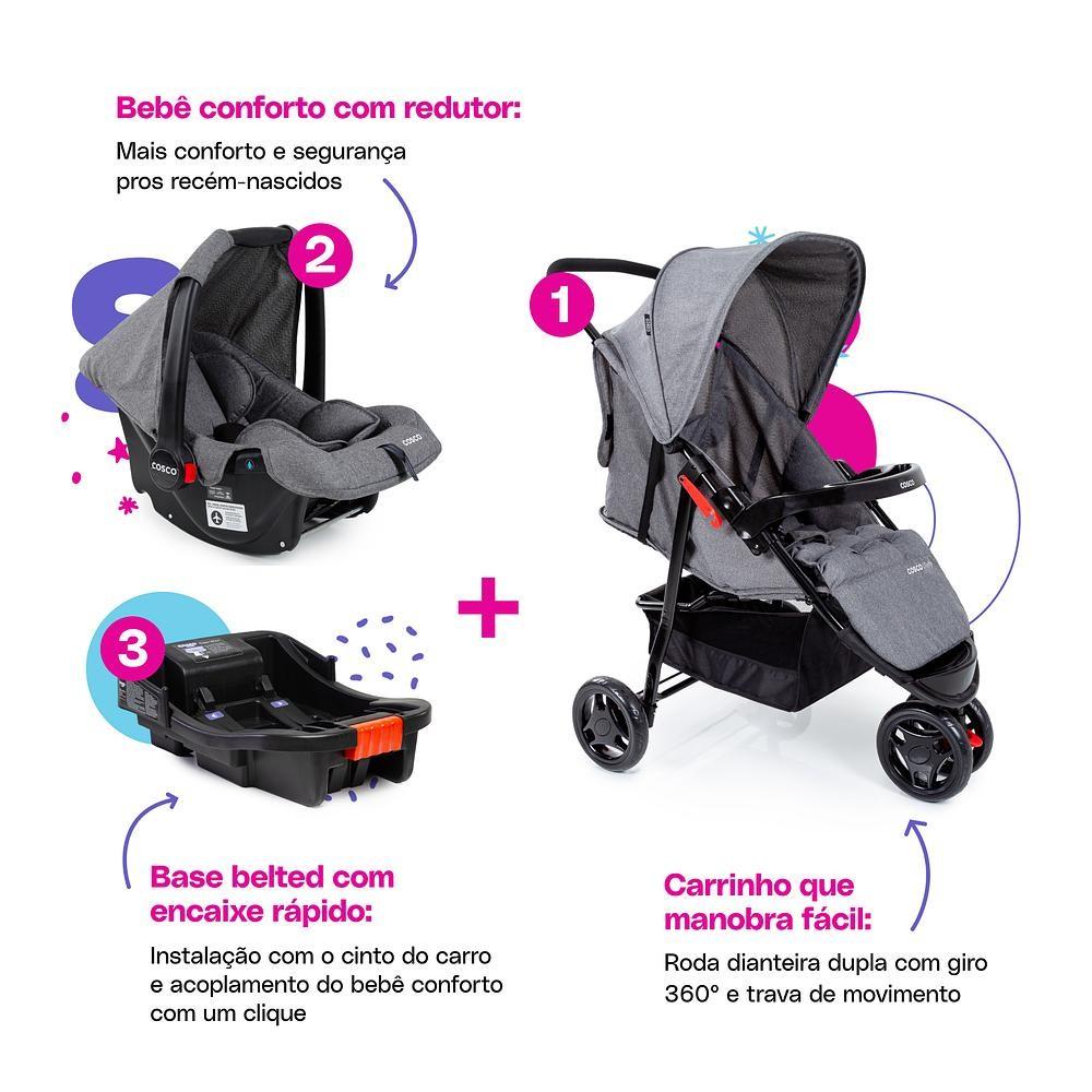 Carrinho De Bebê Com Bebê Conforto E Base Travel System Trio Toffy Cosco Kids Cinza