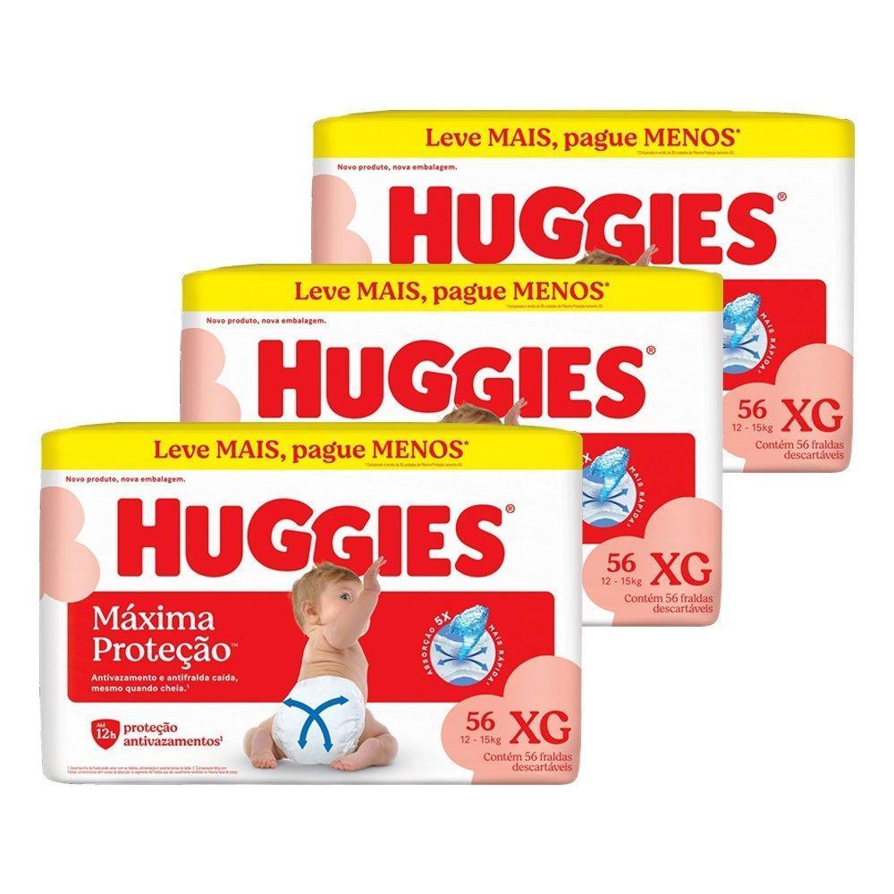 Fralda Descartável Huggies Máxima Proteção Xg - 3 Pacotes Com 56 Fraldas - Total De 168 Tiras