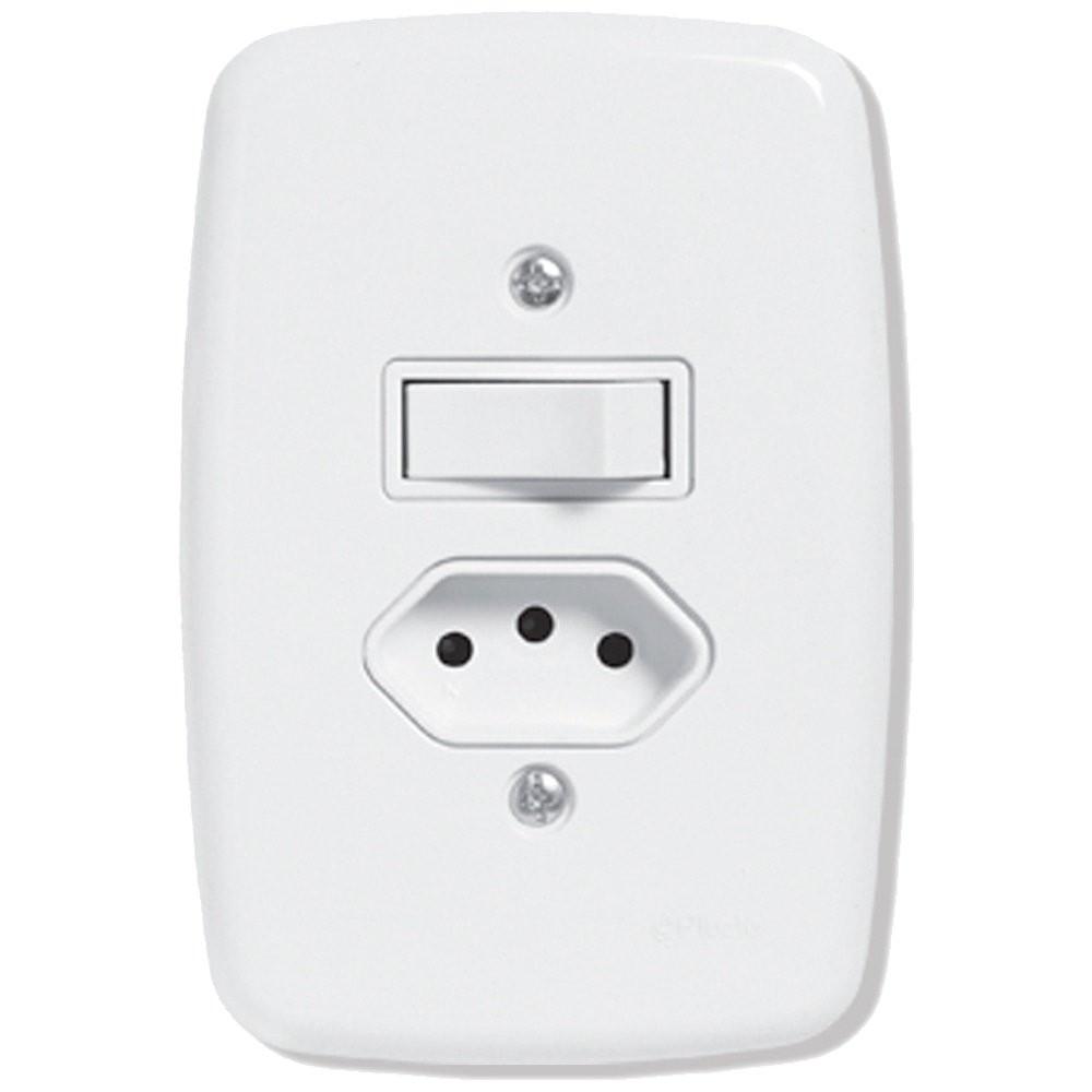 Interruptor Ideale Pluzie 1 Tecla Paralela + 1 Tomada 2P+T - 10A Com Placa 4X2 Branca