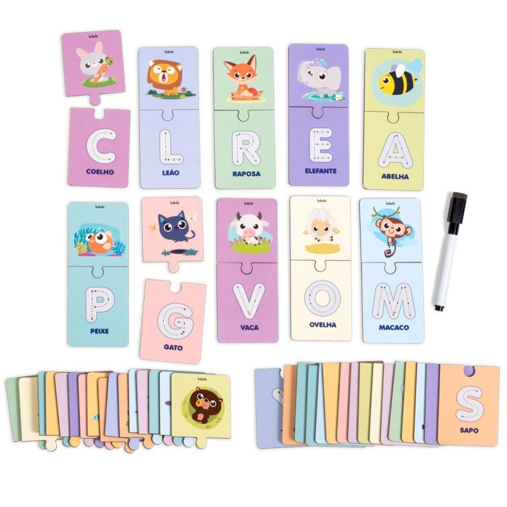 Kit 26 Quebra Cabeças Alfabeto Ilustrado Escreva E Apague Madeira Babebi Letra Jogo Educativo Animal