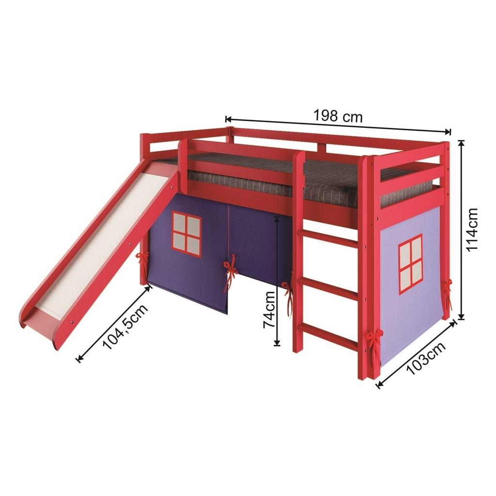 Cama Alta Infantil Com Escorregador E Tenda Em Madeira Maciça/mdff Vermelho/azul