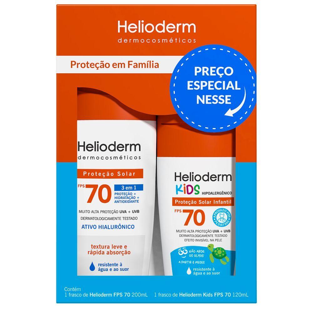 Kit Protetor Solar Proteção Em Família Helioderm 3 Em 1 FPS 70 Com 200ml E Protetor Solar Kids FPS 70 Com 120g