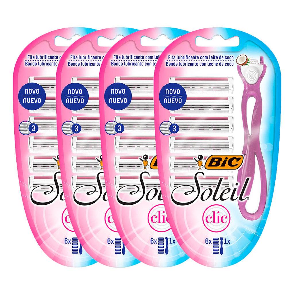 Kit 4 Peças Depilador Soleil Clic Rosa + 6 Lâminas Recarregáveis Bic