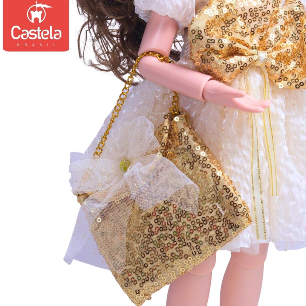 Brinquedo Boneca Articulada Emelia Vestido E Bolsinha Dourado - Castela
