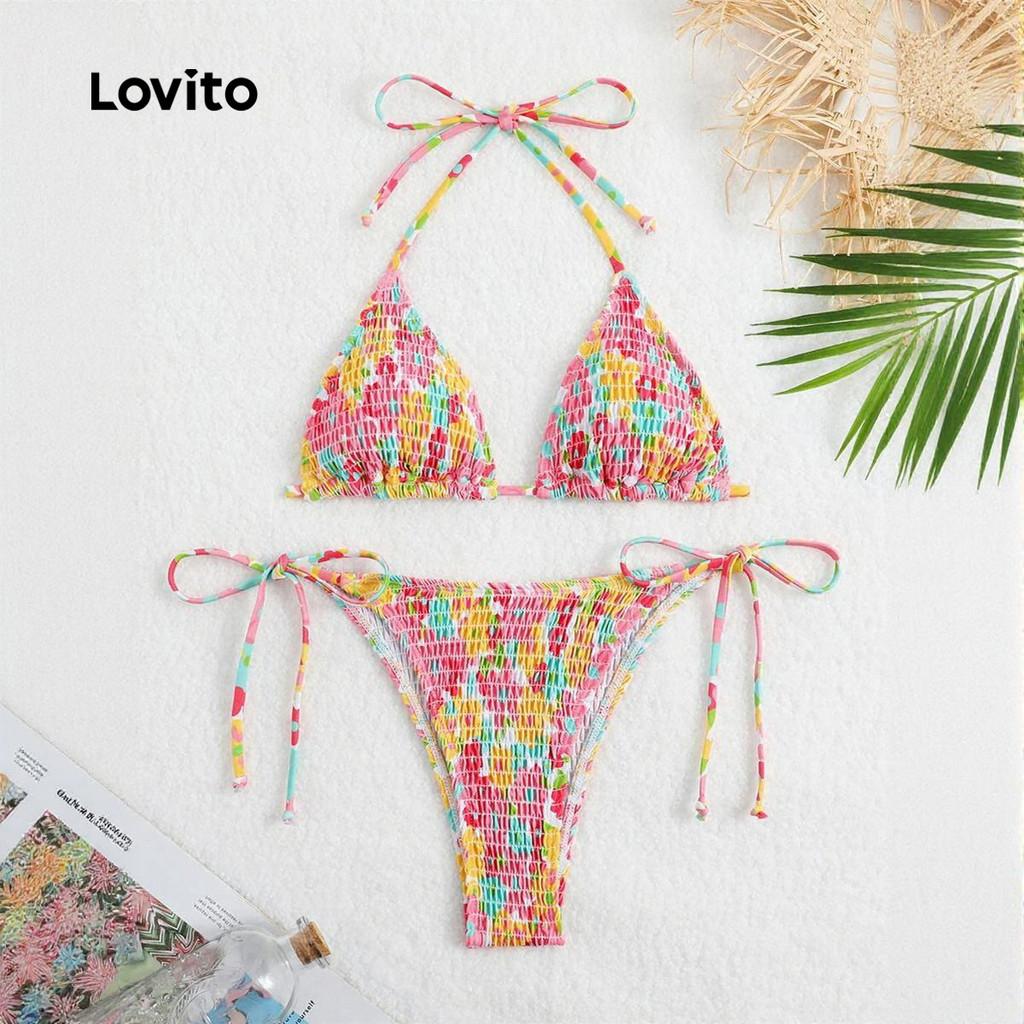 Lovito Férias Conjuntos De Biquíni Ditsy Floral Smocked Lace Up Bikini Set Bordado
