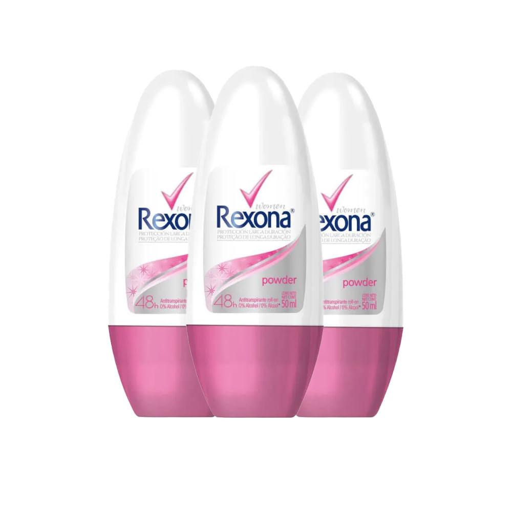 Kit Desodorante Roll On Rexona Powder Dry 50ml - 3 Unidades