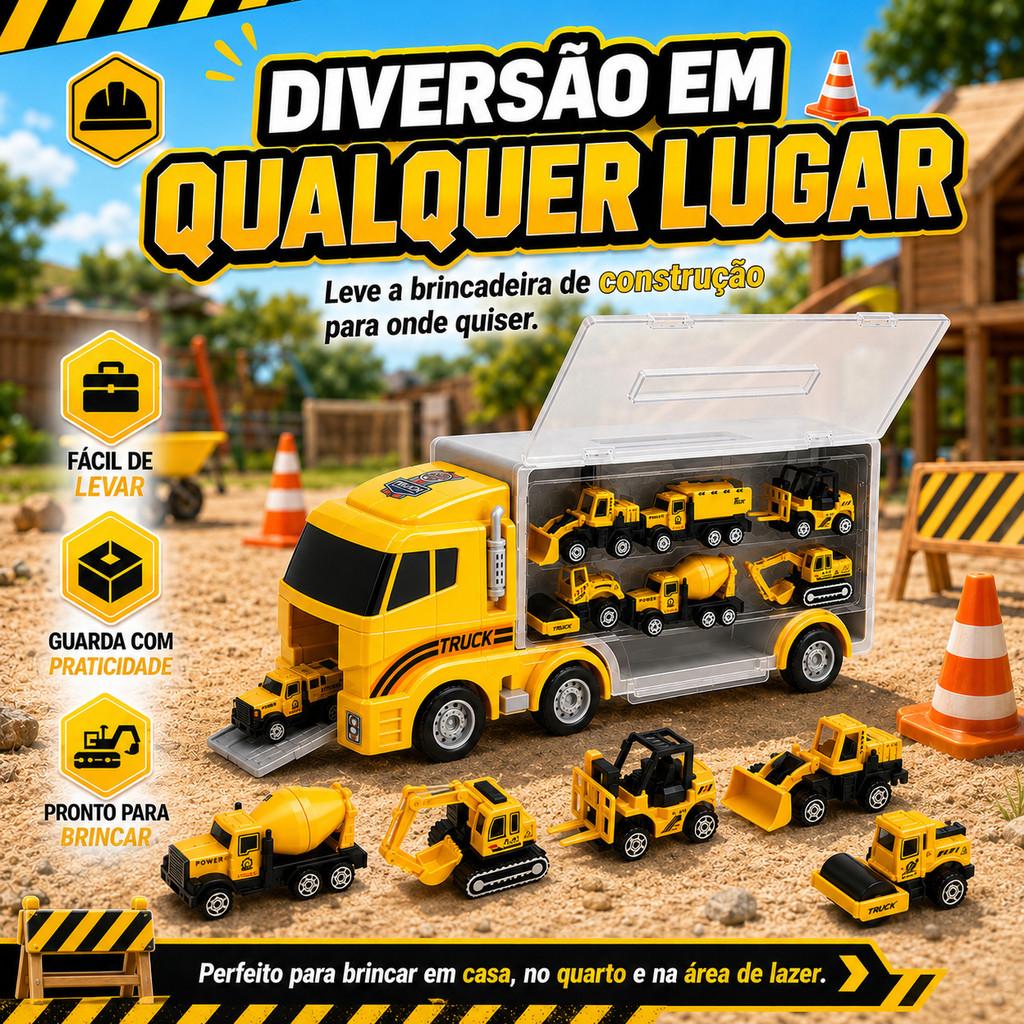 Caminhão Maleta Organizadora Infantil Com 6 Mini Carrinhos Temático Construtor Kizumba