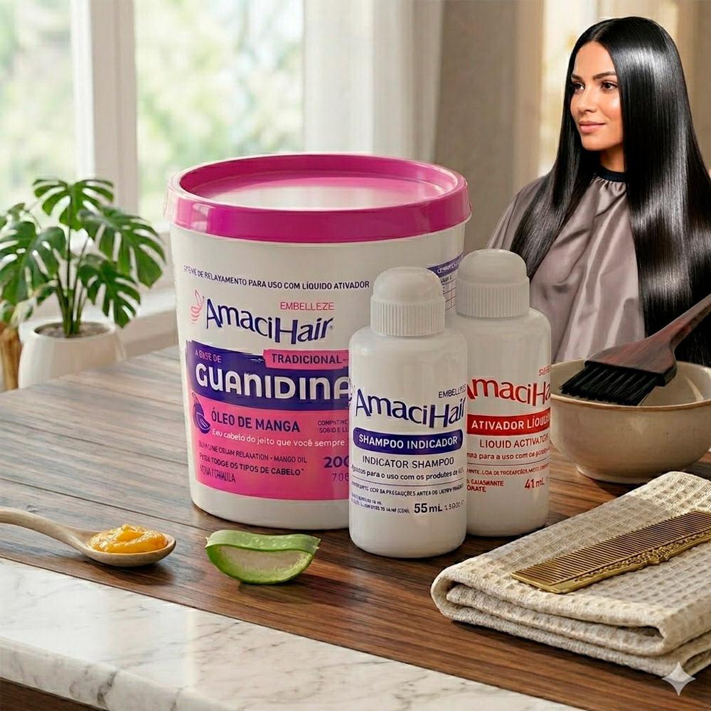 Kit Creme De Relaxamento Amacihair Tradicional À Base De Guanidina E Óleo De Manga