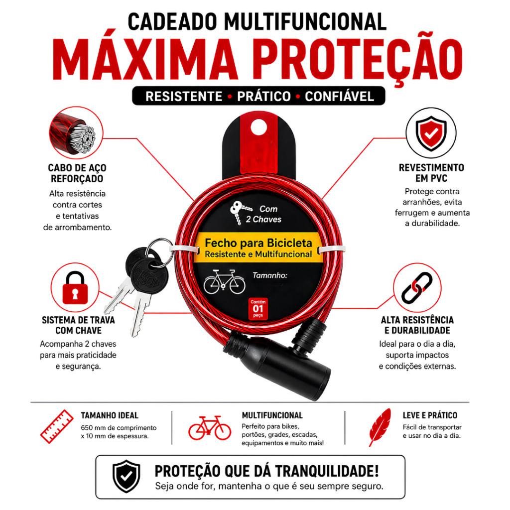 Cadeado Antifurto Cabo De Aço 10mm X 80cm Com Chaves Para Bicicleta Moto E Patinete