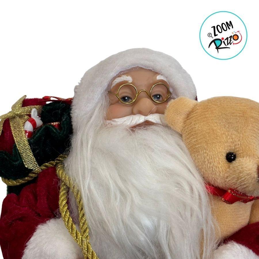 Papai Noel Decorativo Em Pé Com Saco De Presentes E Urso - Vermelho E Dourado - 30cm - 1 Unidade - Rizzo