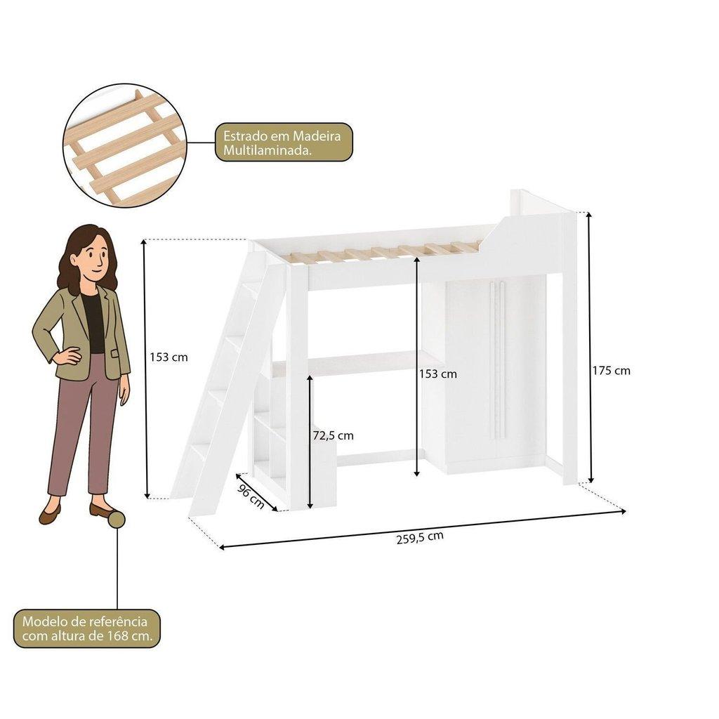 Cama Alta Beliche Office Infantil E Juvenil Com Escrivaninha E Roupeiro Vivace Branco