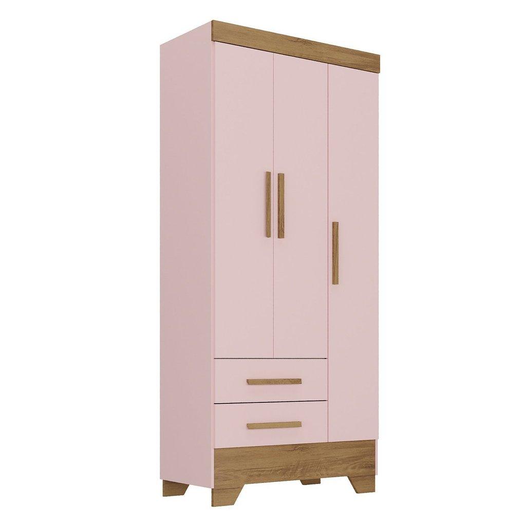 Guarda Roupa Infantil 3 Portas 2 Gavetas Rosa/natural Tic Tac Espresso Móveis Rosa Fosco/natural