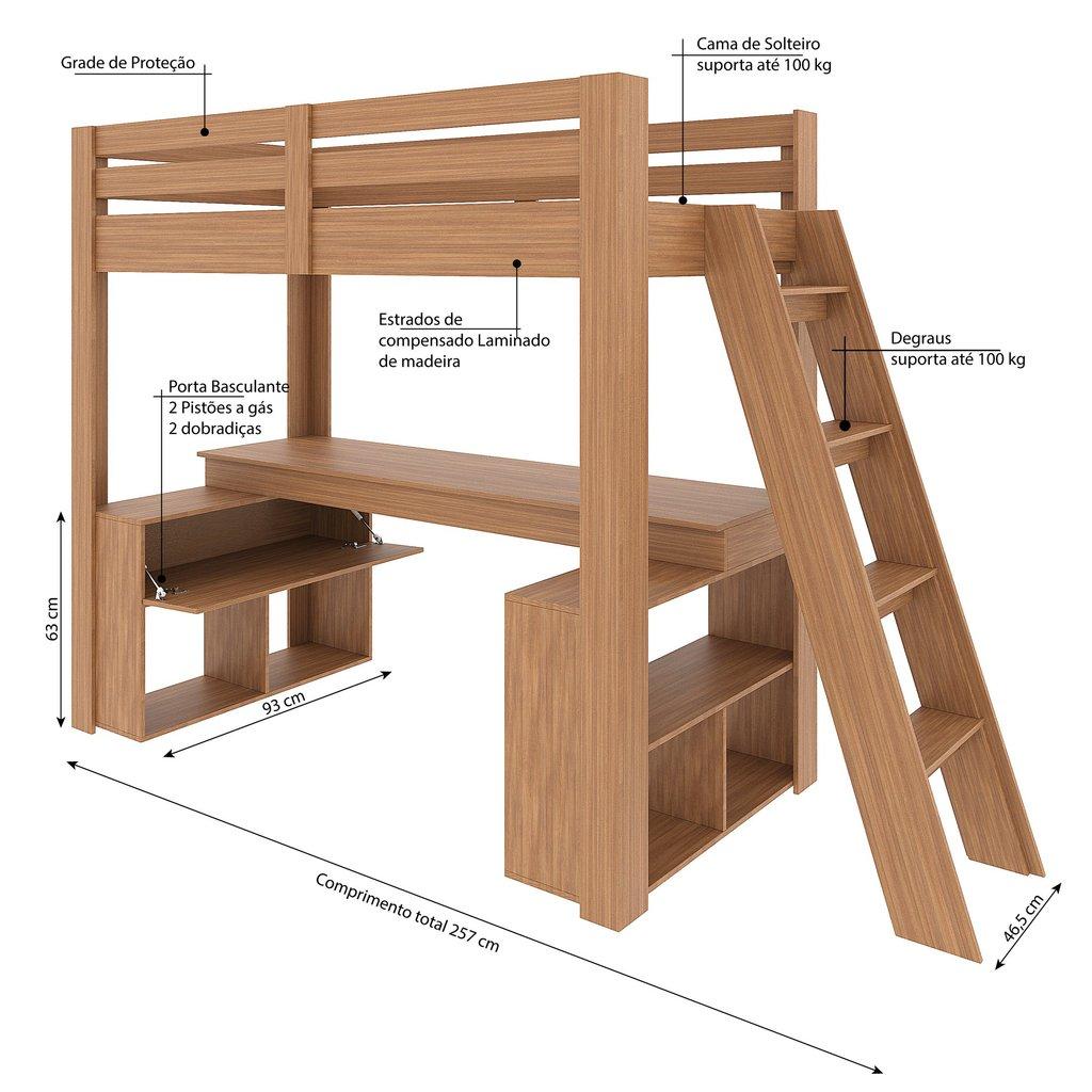 Cama Alta Beliche Office Star Light Com Escada Inclinada Marrom/freijó