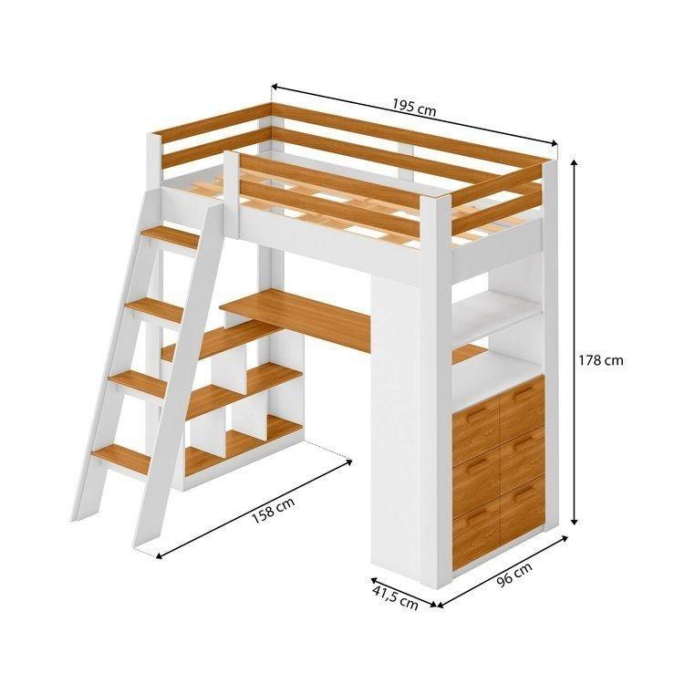 Cama Alta Beliche Office Infantil Multifuncional Com 6 Gavetas Micenas Yescasa Branco/freijó