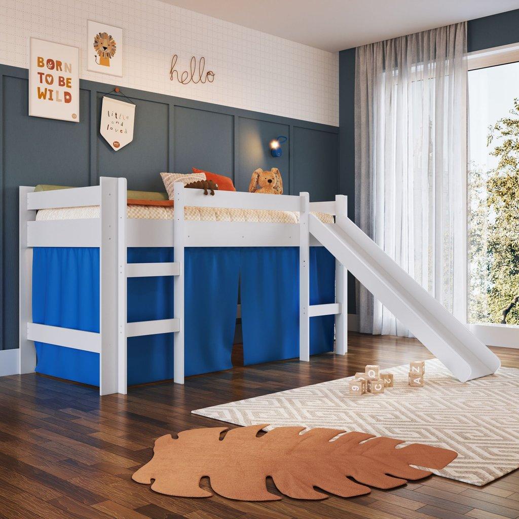 Cama Infantil Elevada Com Escorregador E Cortina Branco/azul