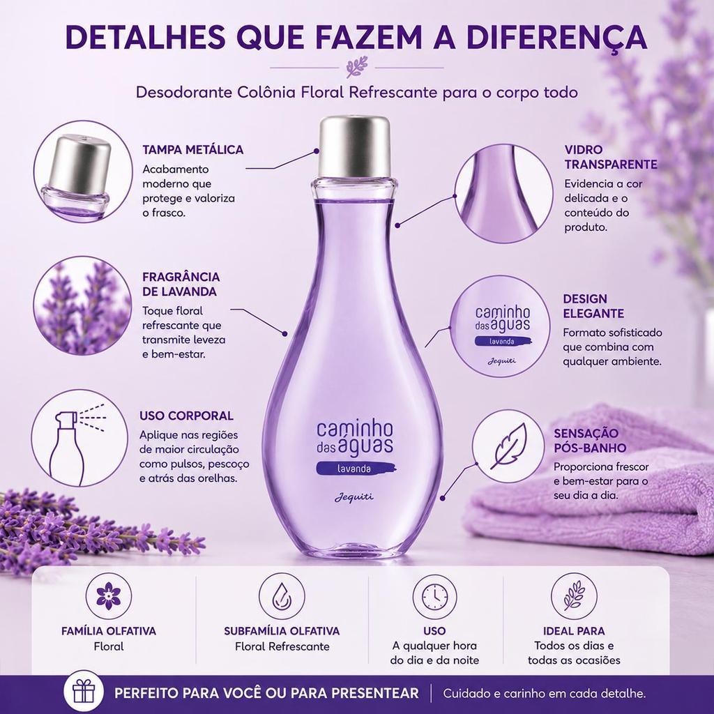 Desodorante Colônia Feminina Caminho Das Águas Lavanda Fragrância Floral Refrescante 300ml - Jequiti