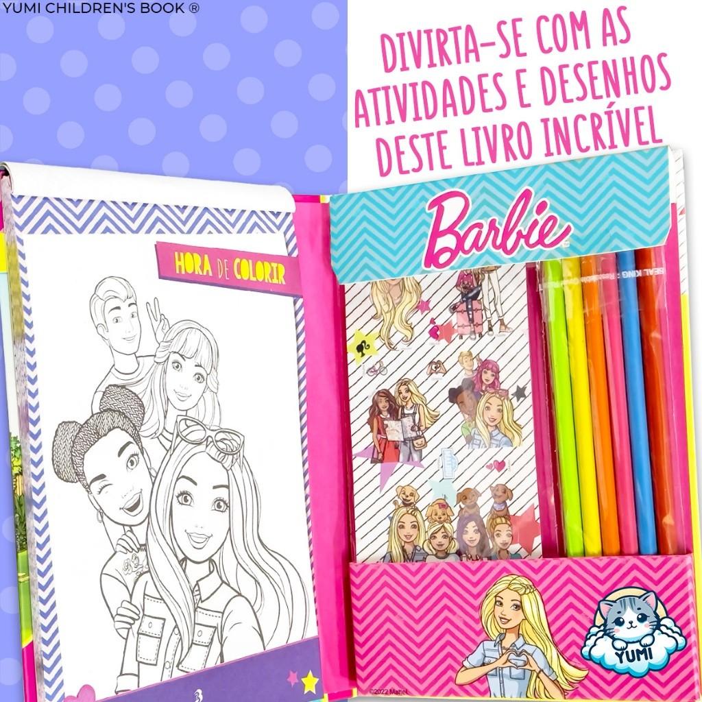 Kit Livro Infantil Desenhos Barbie Desenhos Para Colorir + Lápis De Cor E Adesivos Oficial
