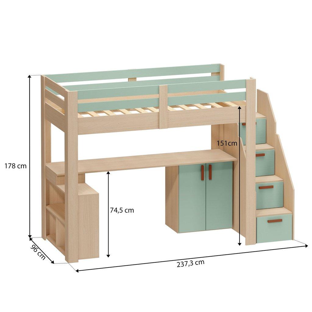 Cama Alta Beliche Infantil/juvenil Star PLUS Office Multifuncional Casatema Madeiraoriginals Marrom/menta Natural/menta