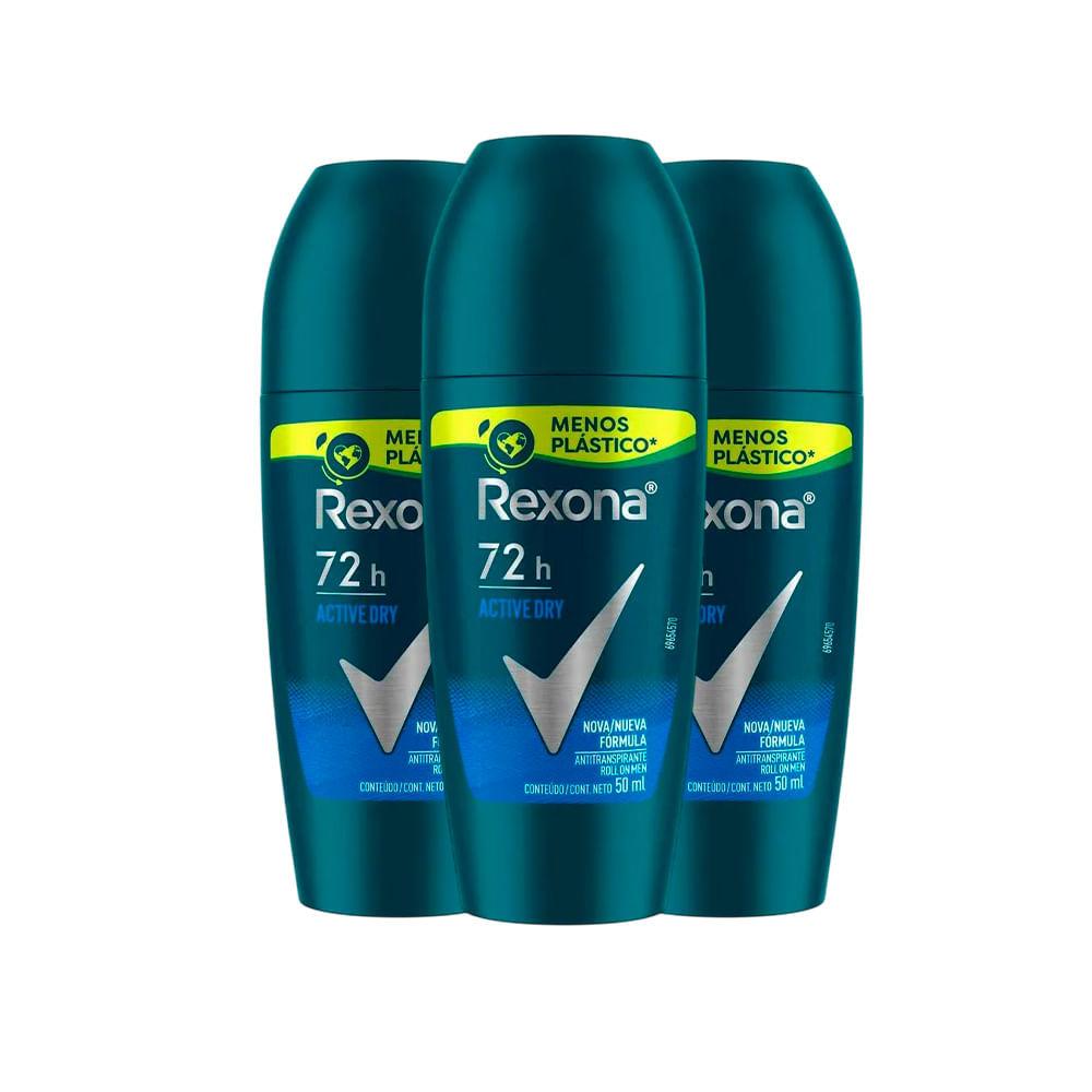Kit Desodorante Roll On Rexona Men Active Dry 50ml - 3 Unidades