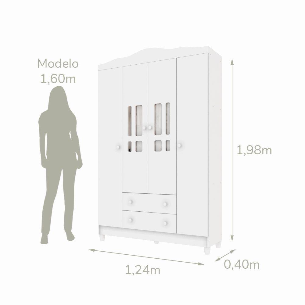 Quarto Bebê Completo Berço 3EM1 Eloá Guarda Roupa 4 Portas Cômoda 4 Gavetas 1 Porta Mdf Branco