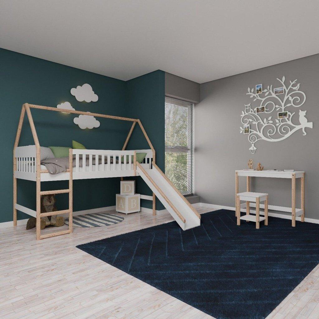 Cama Cabana Infantil Elevada Com Escorregador Arredus Madeira Maçica/mdf Branco/marrom