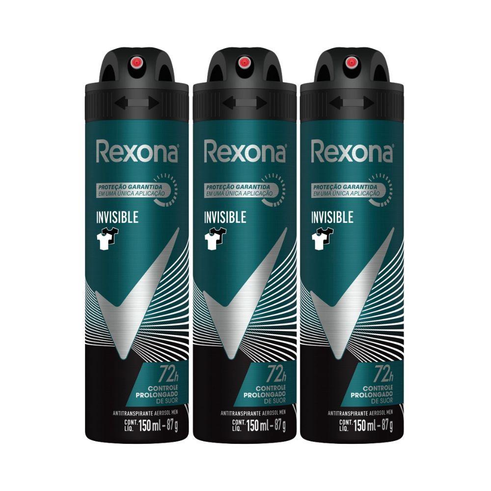 Kit 3 Desodorante Rexona Invisible Masculino Aerosol Antitranspirante 72 Horas 150ml