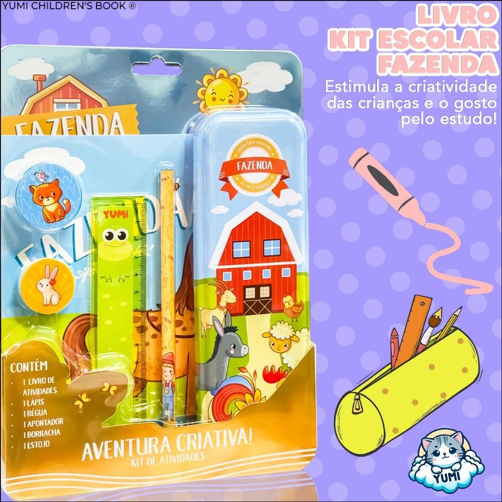 Livro Kit Escolar Fazenda - Livro Infantil De Atividades Educativas Com Estojo Lápis Régua Borracha E Apontador