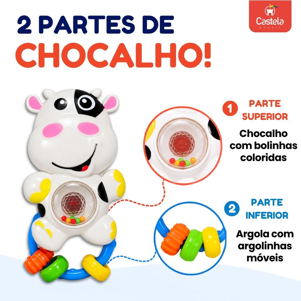 Chocalho Mordedor Infantil Vaquinha Com Som E Luz Castela Brinquedo Sensorial Educativo Menino Menina