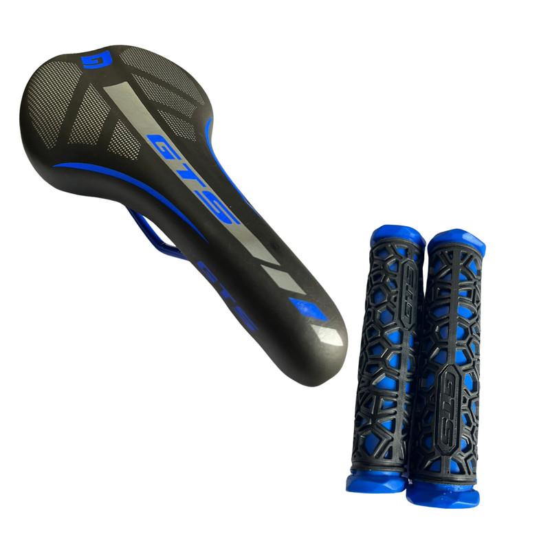 Kit Banco Selim Gts Bicicleta Mtb Speed Preto/azul + Manopla Bike Preto Azul