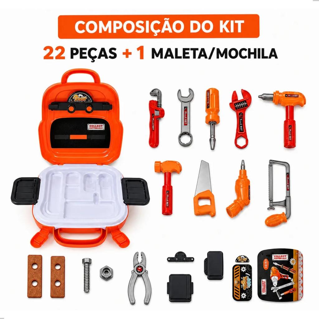 Kit Maleta De Ferramentas Infantil 22 Peças 3 Em 1 Vira Mochila Oficina Brinquedo Menino Educativo