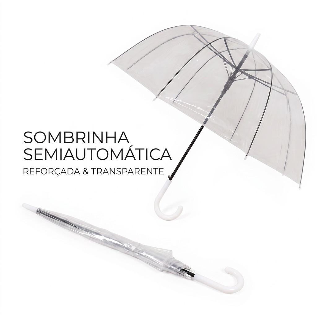 Guarda Chuva Sombrinha Pvc Transparente Reforçada Resistente Semi Automatica Bengala Varetas Adulto