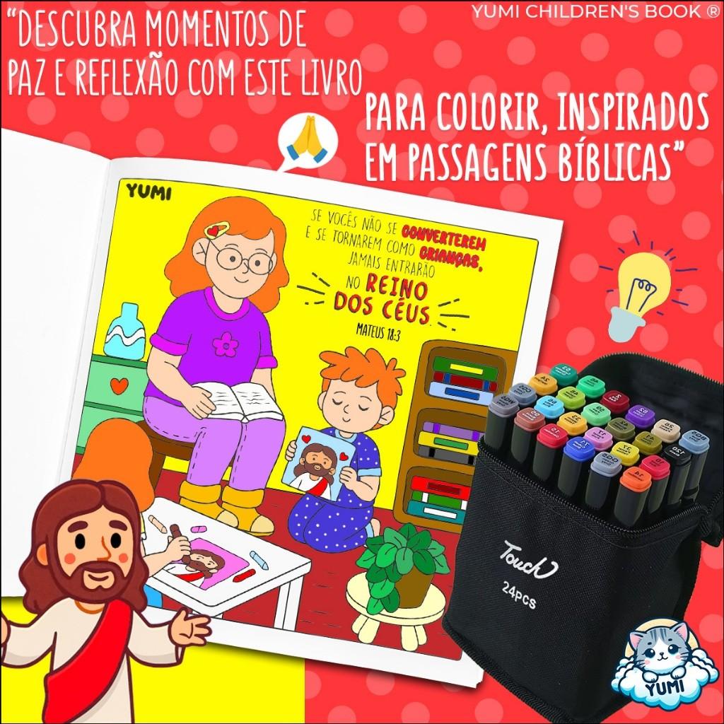 Kit Livro De Colorir God Is Good Historias Bíblicas Colorindo Com Jesus + 24 Canetinhas Canetas Touch Ponta Dupla