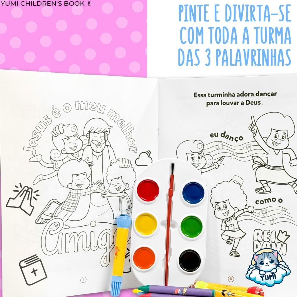 Mega Kit Colorir 3 Palavrinhas - Livro Infantil De Colorir + Canetinhas + Carimbos + Giz + Jogo Educativo Oficial