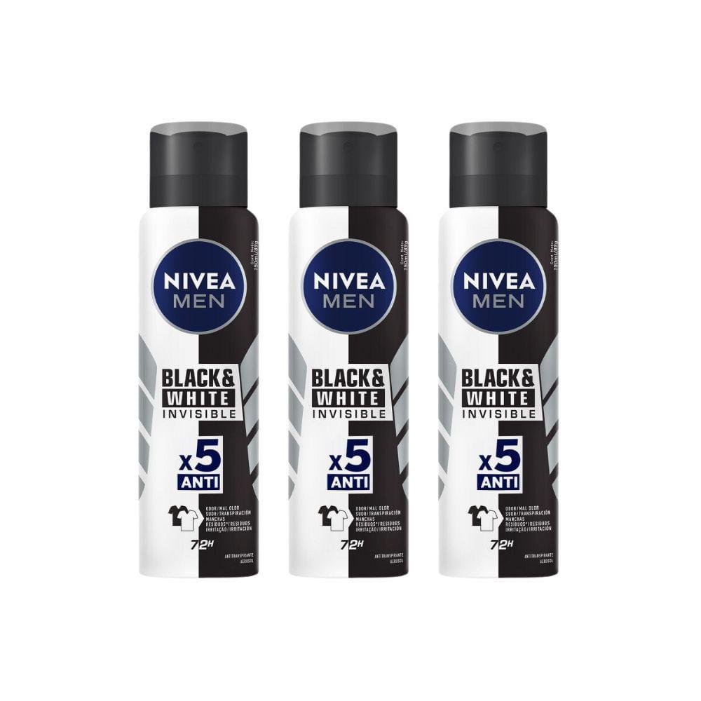 Kit 3 Desodorante Antitranspirante Aerosol Nivea Men Invisible Black White 150ml