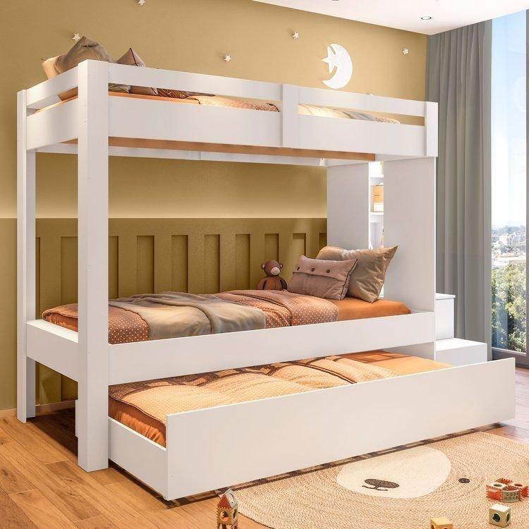 Beliche Infantil/juvenil Com Cama Auxiliar E Escada Multifuncional Moon Yescasa Branco