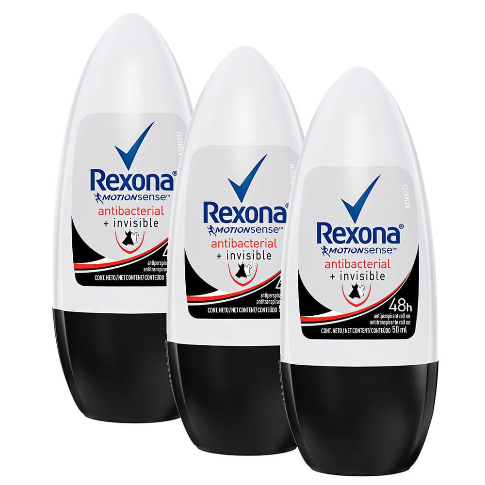 Kit 3 Desodorante Antitranspirante Rexona Antibacterial + Invisible Roll-on Com 50ml