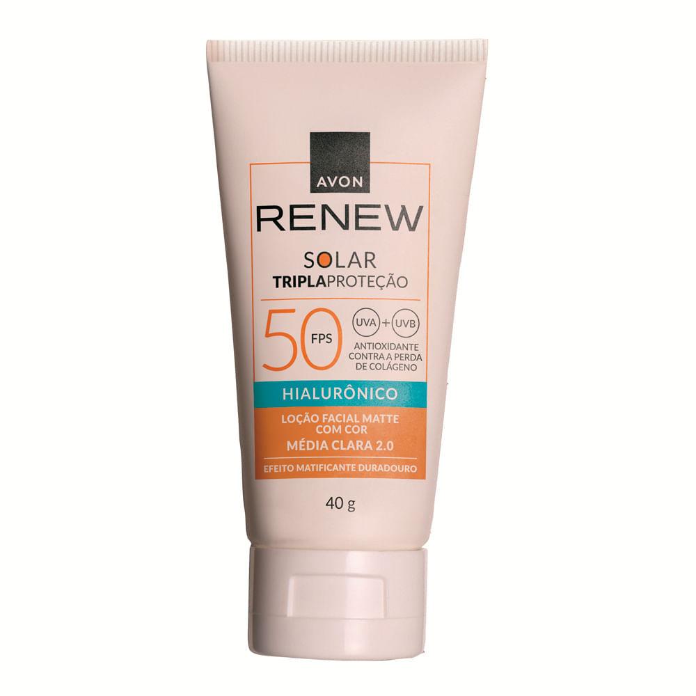 Protetor Solar Facial Tripla Proteção Avon Renew FPS 50 Loção Matte Hialurônico Cor Média Clara 2.0 40g