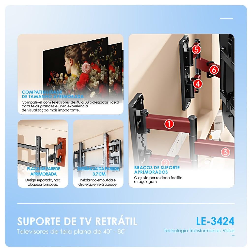 Suporte De TV Retrátil Parede Para Televisão 40 A 80 Polegadas Universal Vesa 50kg Ajustável