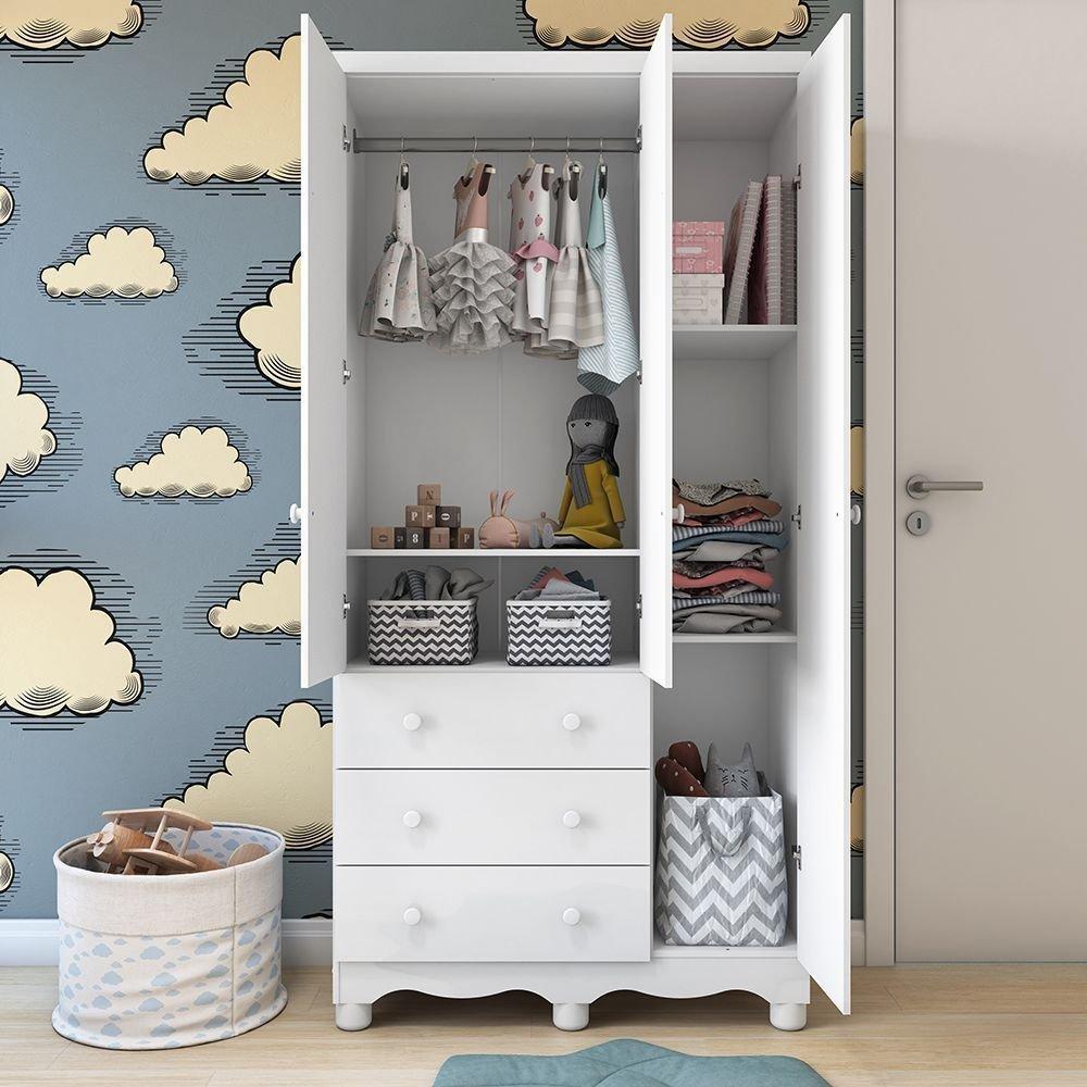 Guarda Roupa Infantil 3 Portas E 3 Gavetas 100 Mdf Mimo Espresso Móveis Branco Brilho