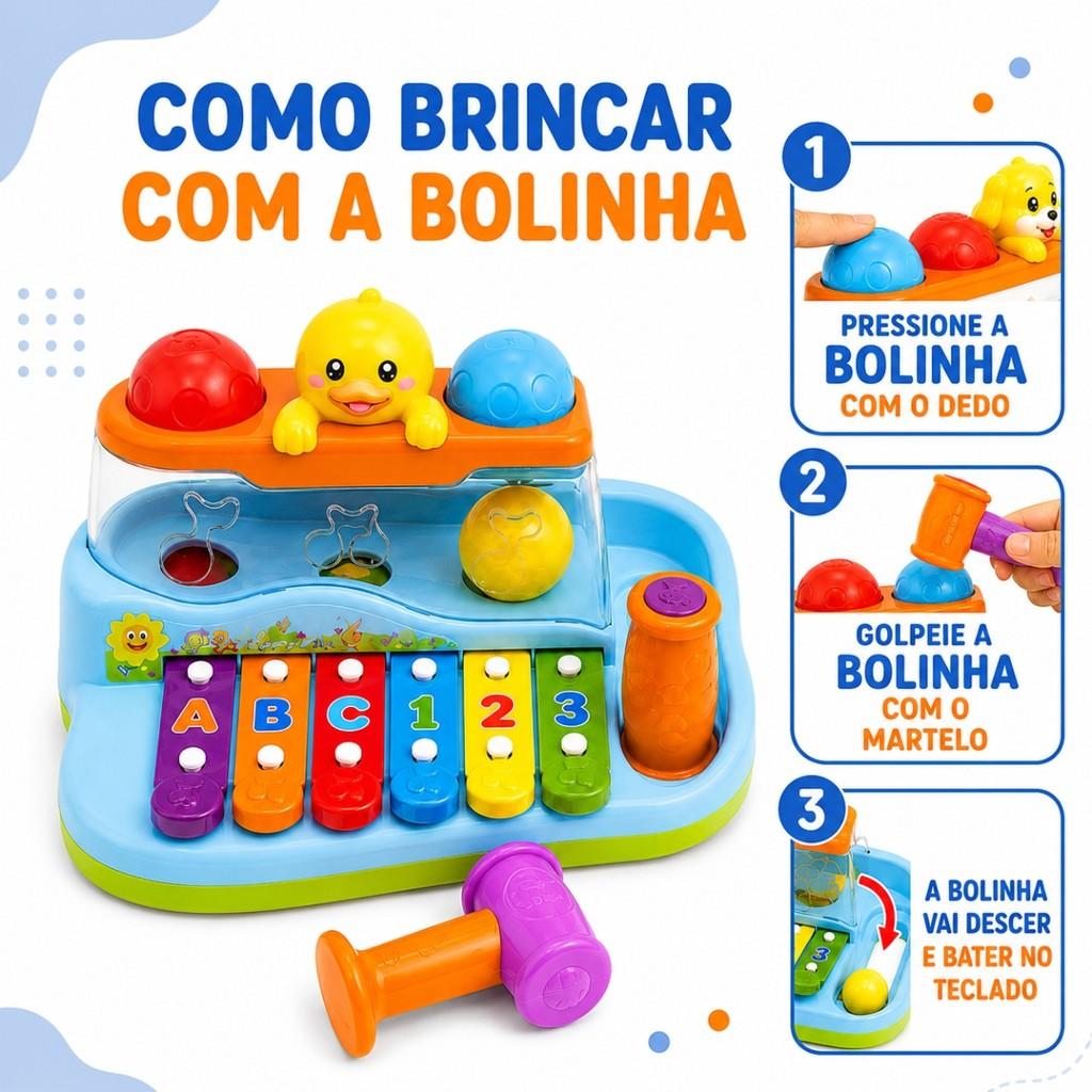 Xilofone Musical Infantil Patinho Castela Brinquedo Educativo Teclado Didatico Bebe Som Luz Colorido Menino Menina