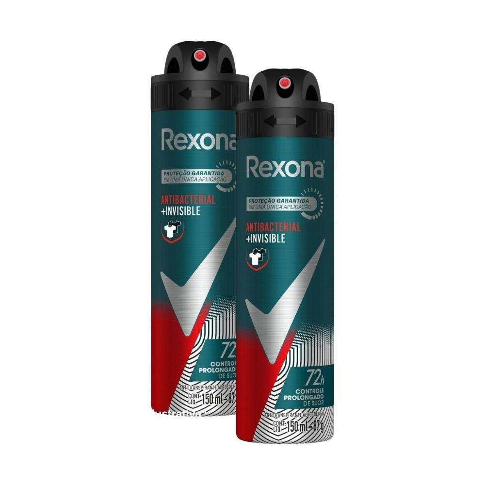Kit 2 Desodorante Rexona Antibacterial E Invisible Masculino Aerosol Antitranspirante 72 Horas 150ml