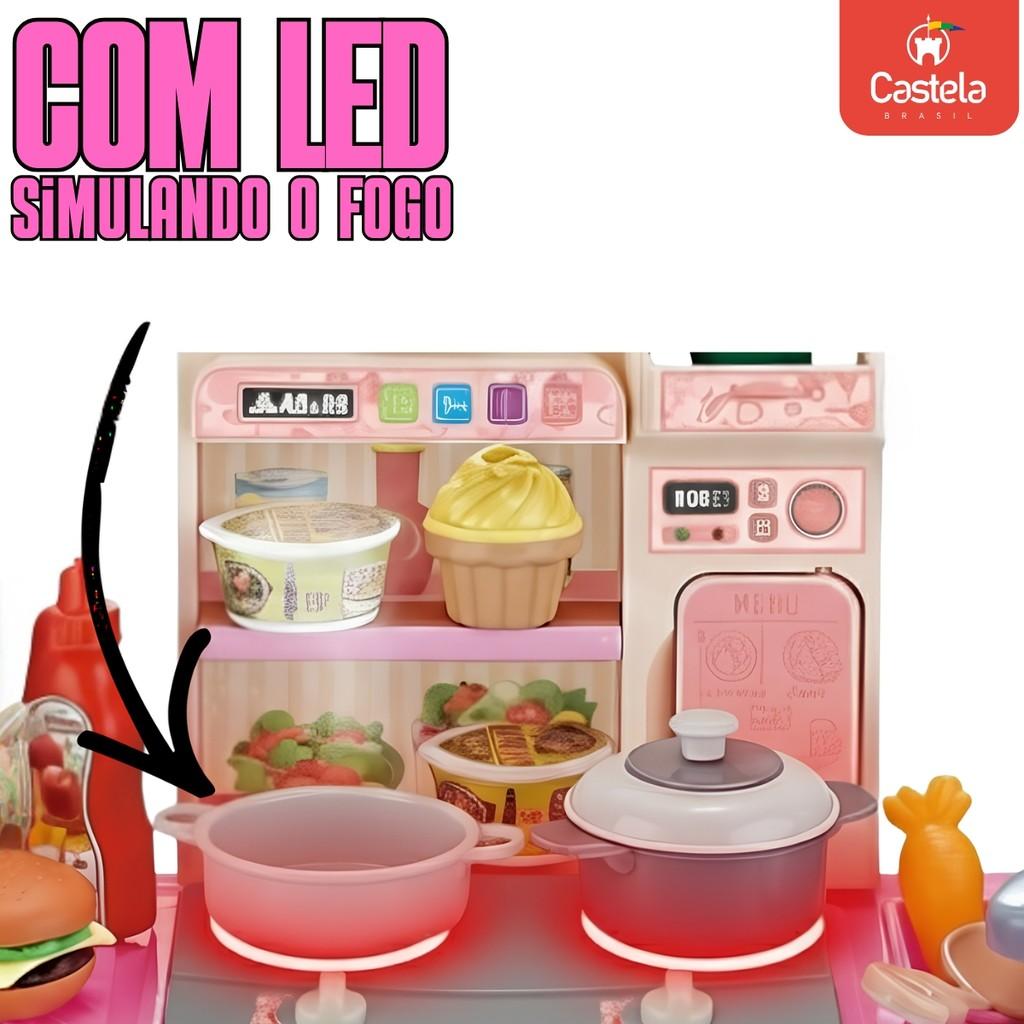 Cozinha Infantil Completa Castela 43 Acessórios Rosa Luz E Som Fogão Panelas Utensílios Comidinhas Brinquedo Menina