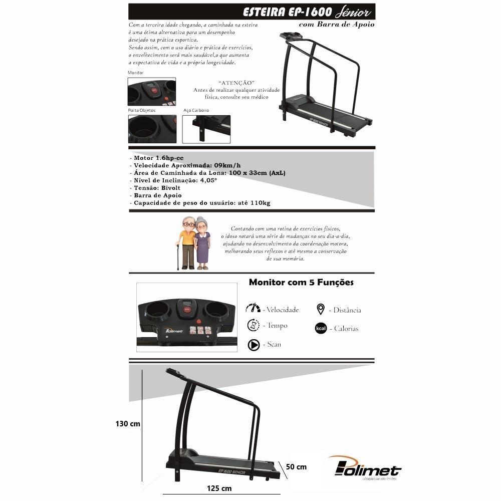 Esteira Elétrica Ep 1600 Sênior 5 Funções Bivolt Preto Residencial Profissional Fitness Polimet