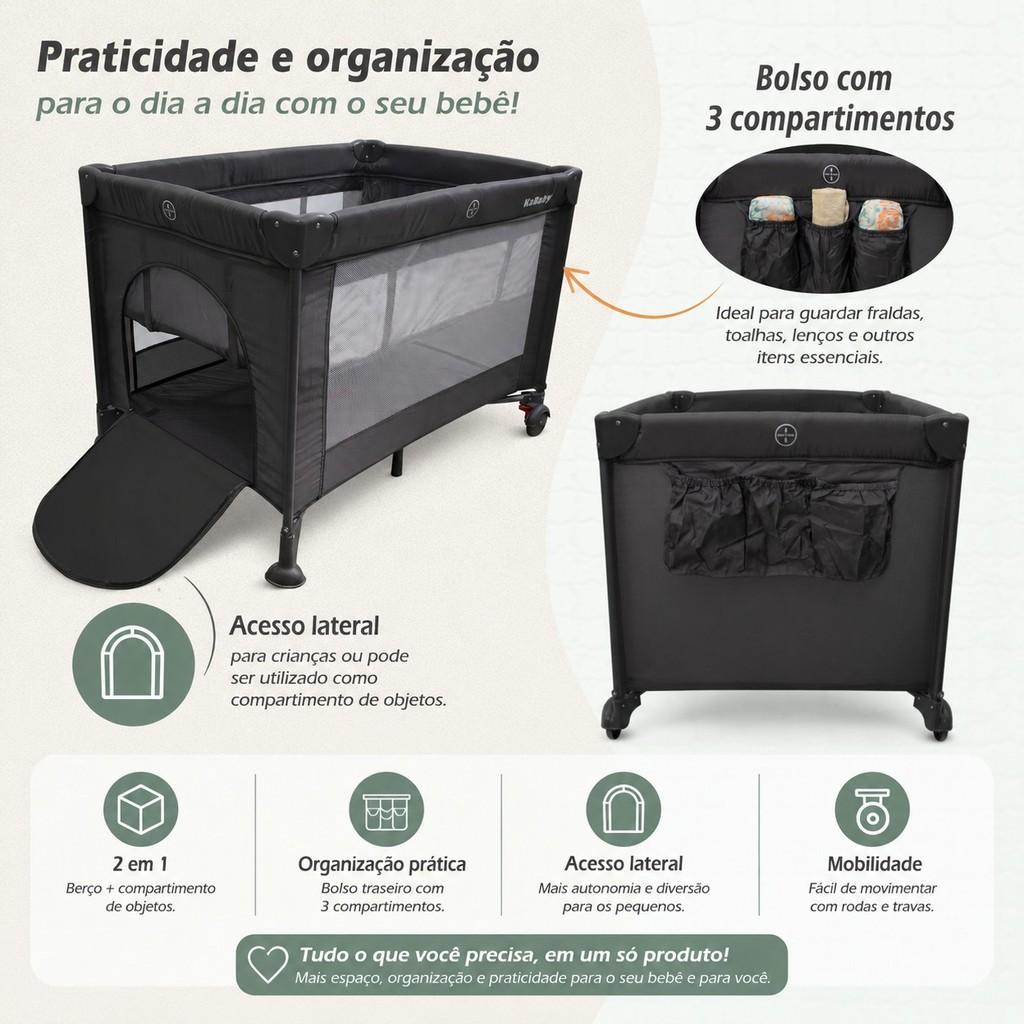Berço Portátil Infantil Cercado Desmontável Com Mosquiteiro Sleep Cinza Kababy