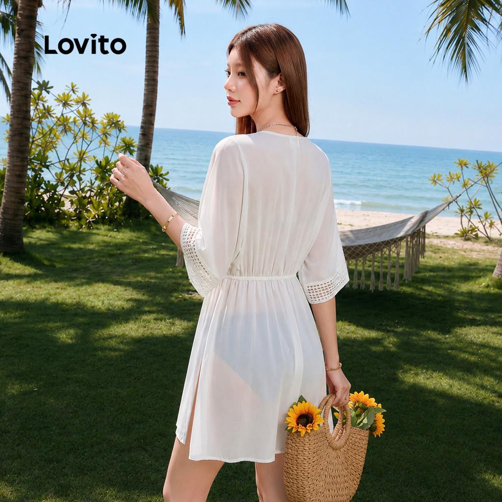 Lovito Férias Roupa De Praia Feminina Lisa Com Cadarço Gola Babado Contraste E Meia Manga Verão Bordado