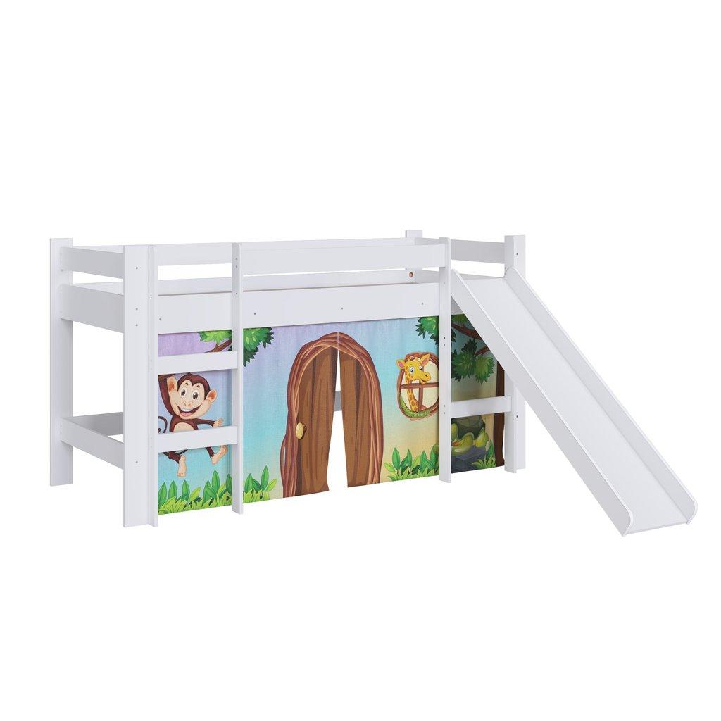 Cama Infantil Elevada Com Escorregador Branco Com Cortina Estampada Zoo Estampado